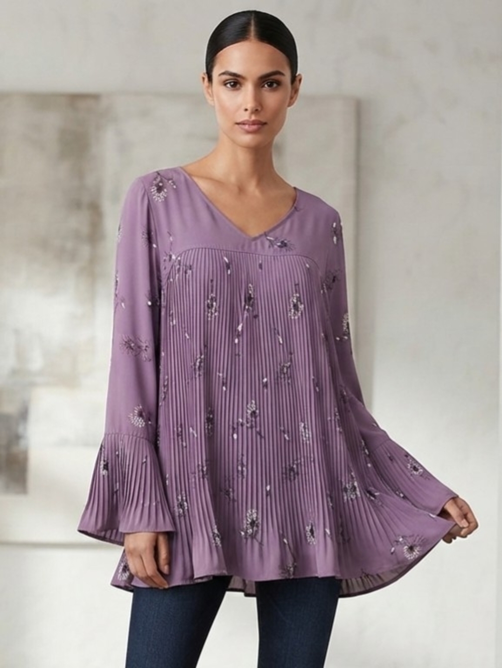 Style & Co. Lavender Pleated Floral V-Neck Blouse Size XL